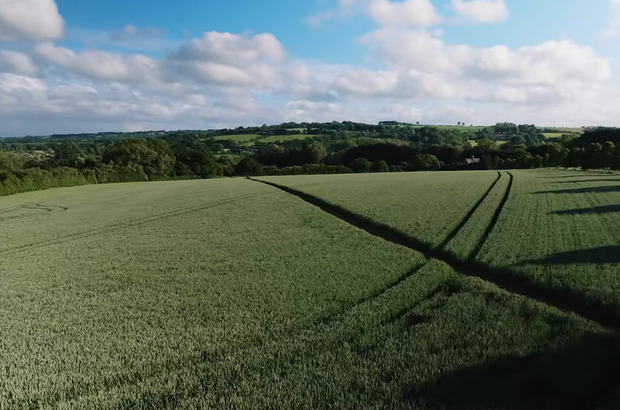 Wide view of a large green crop field with tramlines stretching into the distance, bordered by trees and rolling hills under a partly cloudy sky.