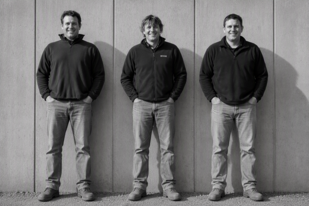 Three innovators of the Concrete Canvas idea, hatched at university, monochrome image