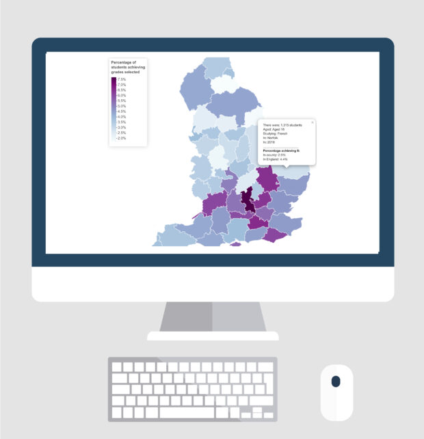 Country map showing county performance in GCSEs in 2018, For more information please contact public.enquiries@ofqual.gov.uk