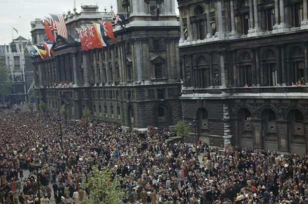 Crowds gathering in Whitehall on 8 May 1945