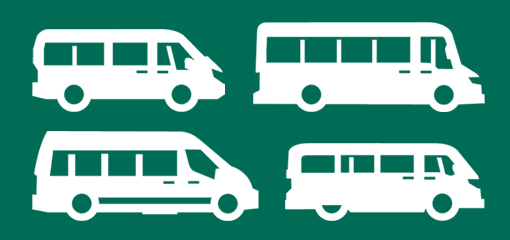 Outline of four mini buses on turquoise background