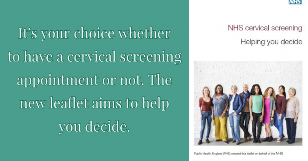 Cervical screening leaflet alongside the words: 'It is your choice whether to have a cervical screening test or not. This leaflet aims to help you decide.'