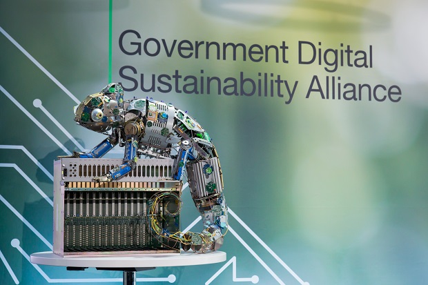 A model of a chameleon made from various electronic components.