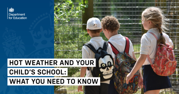 Three children with backpacks on walk in sunny weather. Text on image reads: Hot weather and your child's school: what you need to know