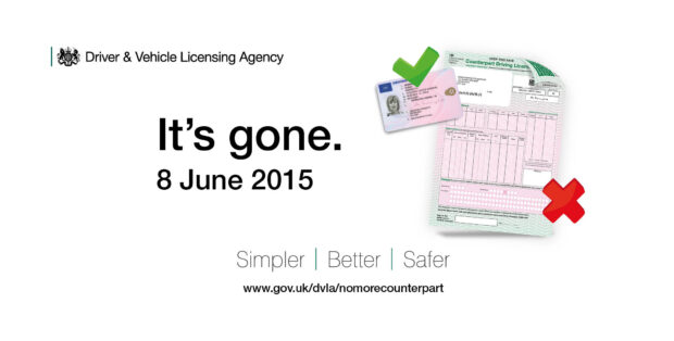paper counterpart to the photocard driving licence with a cross and photocard driving licence with a tick with text saying It's gone. 8 June 2015