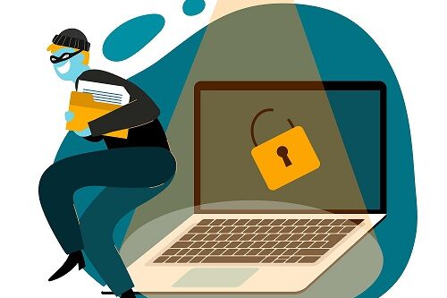 Cartoon of criminal running away from a computer with documents
