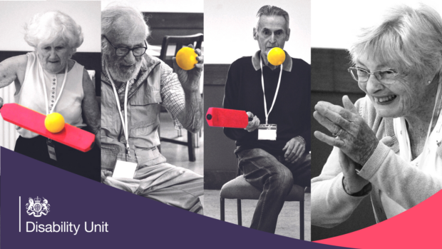 Image that shows four seated older people playing a variation of cricket. The image is in black and white with the bat in red and ball in yellow. The Disability Unit logo is overlaid in the bottom left corner.