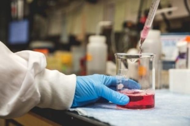 Blue gloved hand holding a glass beaker with a pipette above