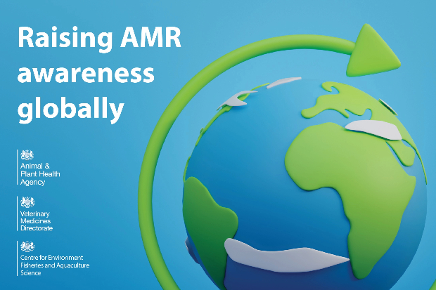 Image of Earth with an arrow surrounding it. The title, "raising AMR awareness globally" shows in addition to the APHA, Veterinary Medicines Directorate and Centre for Environment, Fisheries and Aquaculture Science logos.