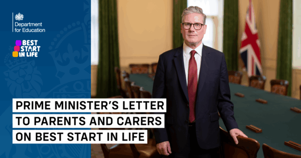 Prime Minister Keir Starmer stands in the Cabinet Room with a UK flag behind him, alongside Department for Education branding and the Best Start in Life logo, highlighting his letter to parents and carers about childcare and early years support.