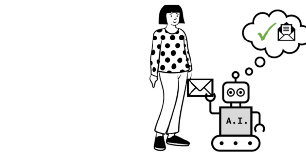 Graphic image of woman next to a robot holding an envelope, speech cloud from robot with a tick and an open envelope in.