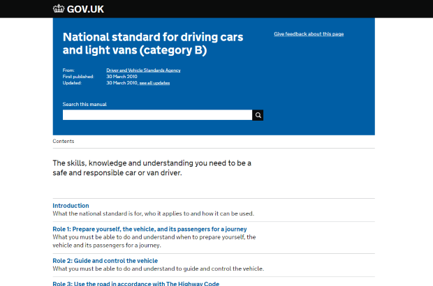 National standard for driving cars and light vans GOV.UK page