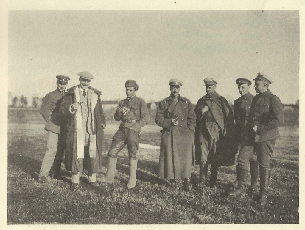 Near the frontline at Zilupe/ Rozenovskaja, Latvia March 1920. From the left to the right: Unknown, Stephen Tallents, a Russian Bolshevik officer, Harold Alexander, officers of the Baltic Landeswehr.