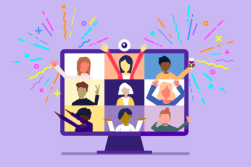 People on a zoom screen surrounded by fireworks