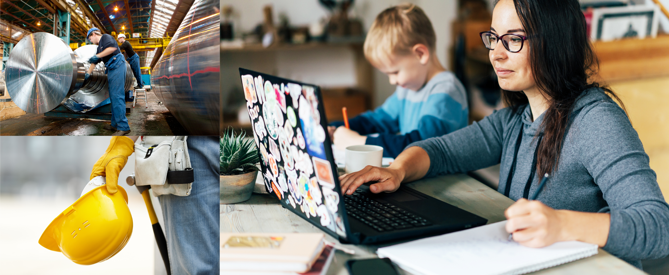 Collage of photos with two men in a factory, someone holding a yellow hard hat and a woman working at home on a laptop with a child