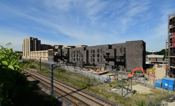 Chobham Farm residential development in London. The project is a major urban development in East London, located in the post-Olympic Regeneration area near Stratford.