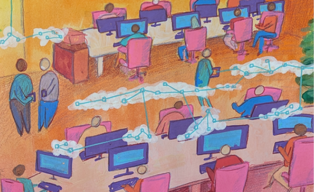 A brightly coloured office populated with all kinds of people working at connected desks. There are computer screens and networks in the air in clouds. The image shows the connectivity of a digitally transformed workplace. It was drawn and painted using guache and pencil.