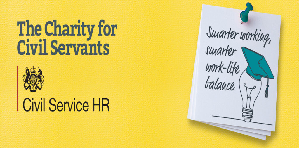 The Charity For Civil Servants and Civil Service HR banners with post-it notes showing Smarter working, smarter work-life balance with the image of a light bulb with a mortar board
