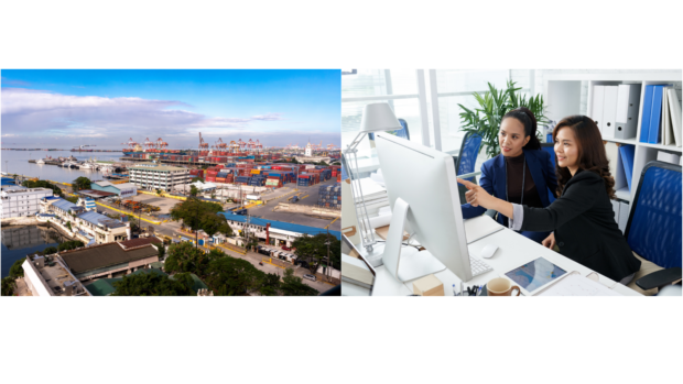 Image of Philippine women at work and a docking port.