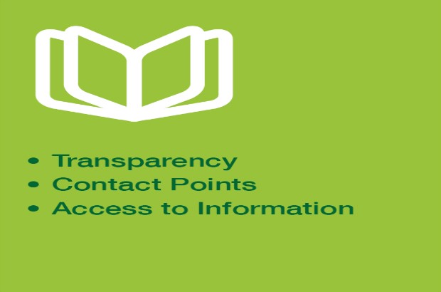 Graphic of a book with the bullet points 'Transparency, Contact points, Access to information'