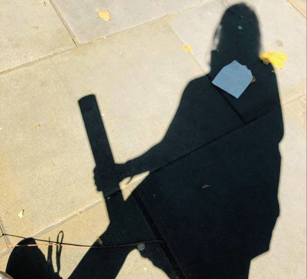 This is an image of the author's own shadow on the pavement whilst out on field research.