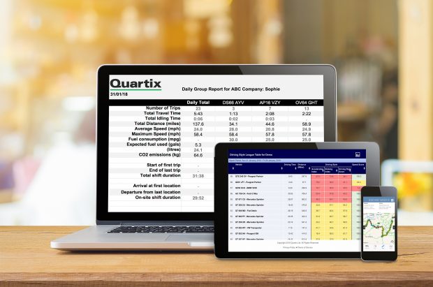Laptop, tablet and smartphone showing Quartix data.