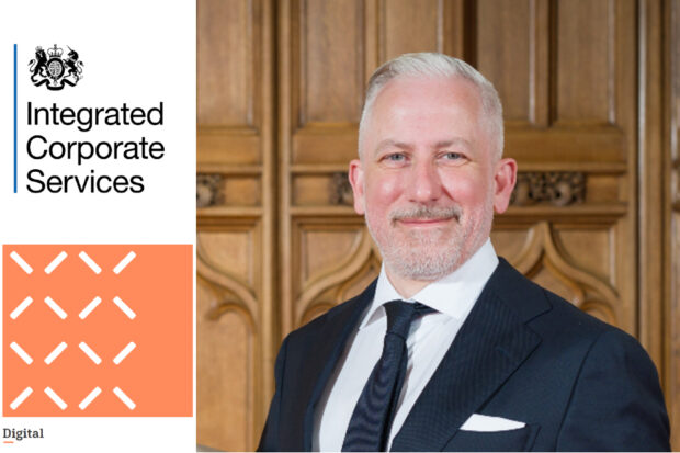 Photo of Karl Hoods CBE in a dark suit on the day of his investiture and the ICS Digital branding