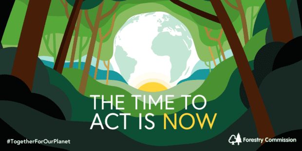 A grphic showing trees around the earth and sun saying THE TIME TO ACT IS NOW