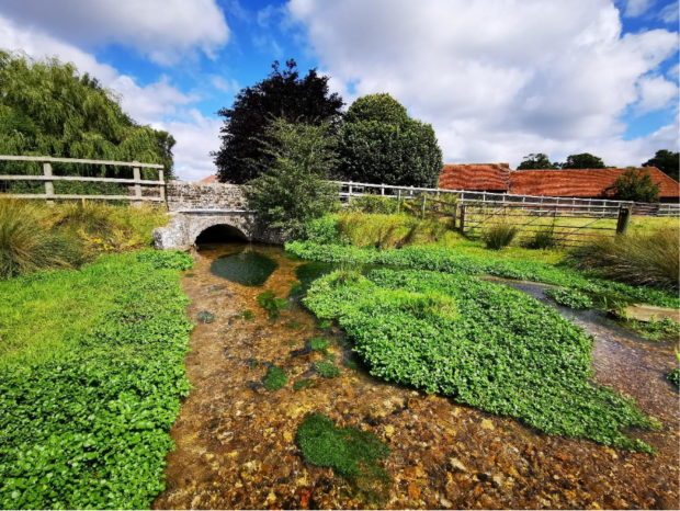 Image of a stream with low bridge and fields in the background.