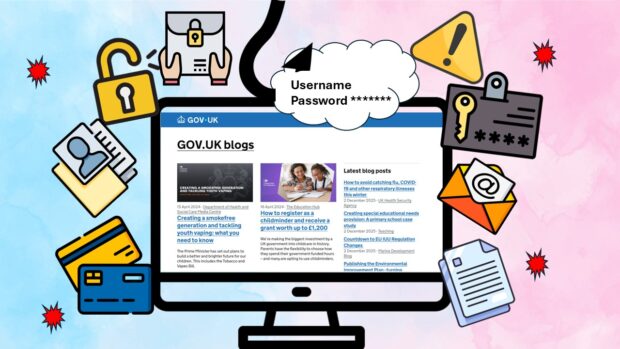 The Gov.UK blogs page on a screen surrounded by items representing security like locks, passes and documents. A big hook is shown trying to steal a user name and password thought bubble at the top.