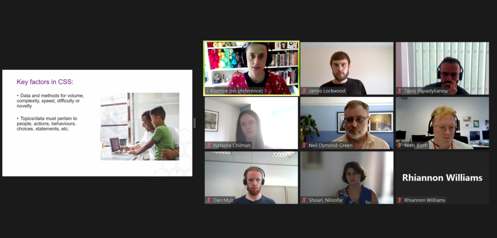 A screenshot of the Zoom call including a slide while Julia Kasmire presents to the Data Impact Fellows.