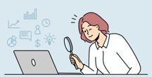 A cartoon illustration of a female scientist in a lab coat looking through a magnifying glass. Next to her is a grey laptop.