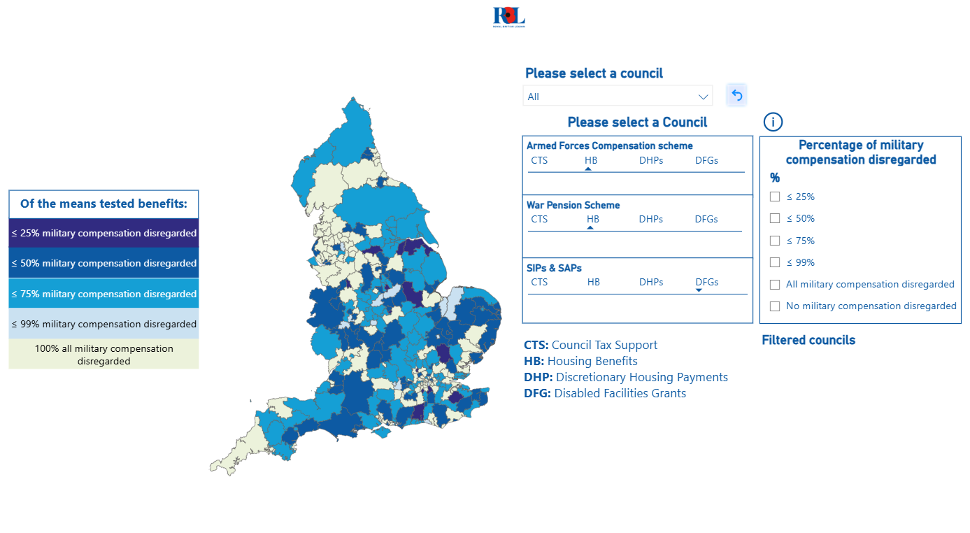 Screenshot of Royal British Legion's "Credit Their Service" map, which includes a shaded map of Great Britain and a drop down to select a council