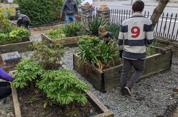 Front garden work in action by several people
