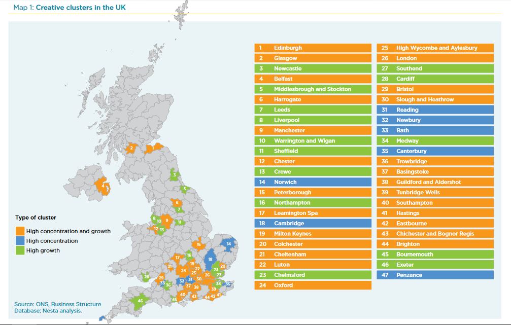 Interactive map of the geography of creativity in the UK showing by type of cluster