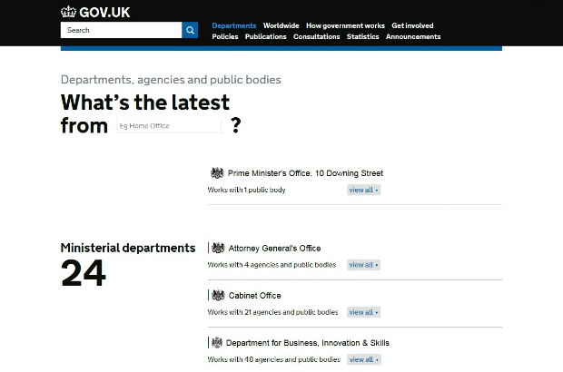 The 'All departments' page on GOV.UK.