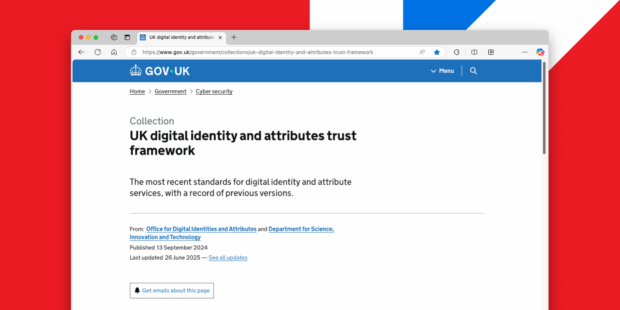 A screenshot of a web browser. The UK digital identity and attributes trust framework is shown in the window.