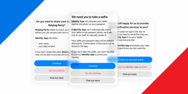 A series of overlapping pop-ups. Each pop-up is intended as an illustrative example of what a service provider could do to “confirm user understanding”. The screenshots are reused as individual examples later in this blogpost.
