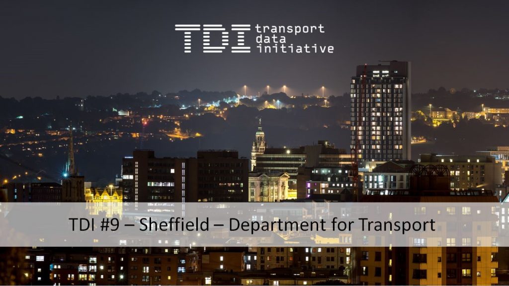 photo of Sheffield city centre at night with TDI branding and TDI number 9 - Sheffield - Department for Transport event title
