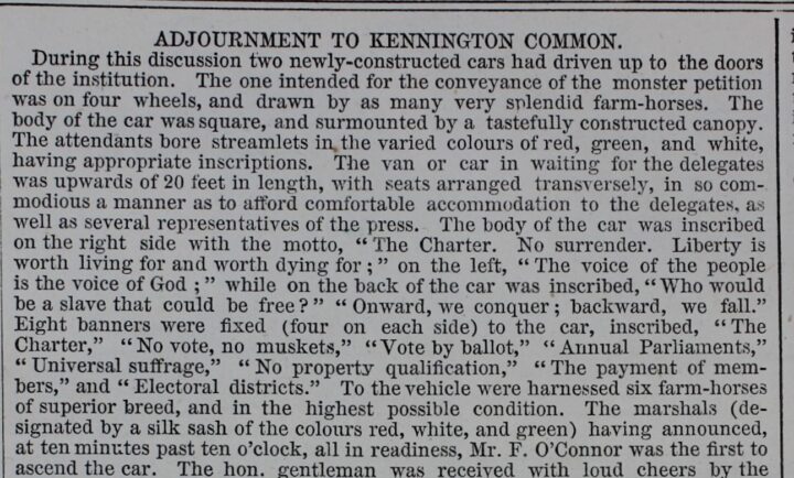 an extract of an Illustrated London News article titled 'Adjournment To Kennington Common'