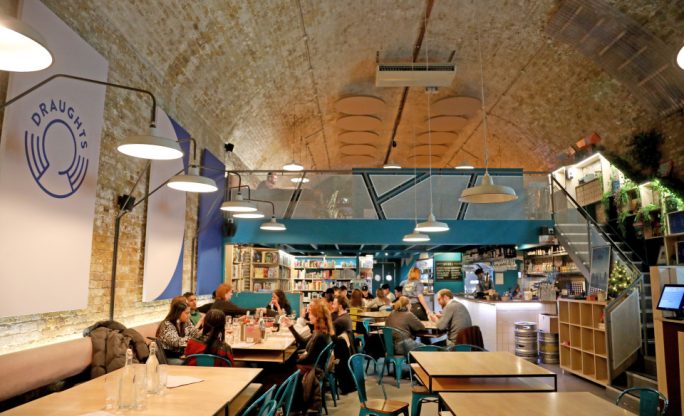 Interior of Draughts, a board game café located in London.