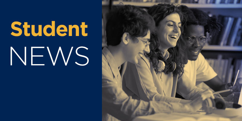 student news heading and image of students in library