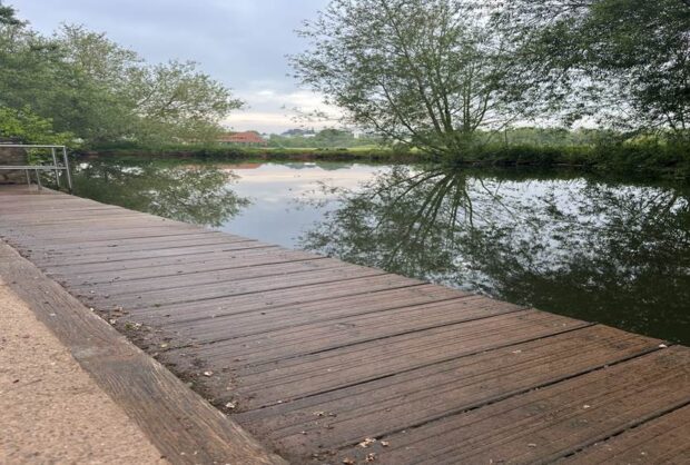 Image of river on cloudy day with board walk next to it.
