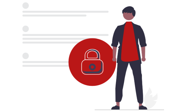 A cartoon of a man stood next to a closed lock in a red circle representing security.