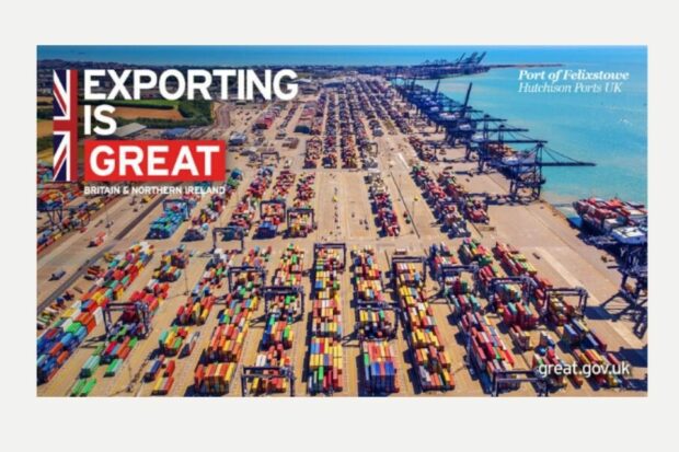 Container trucks at the Port of Felixstowe, Hutchinson Ports UK with headline Exporting is GREAT.