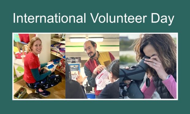 A title card with the words 'International Volunteer Day' on it, and a photo showing the three contributors