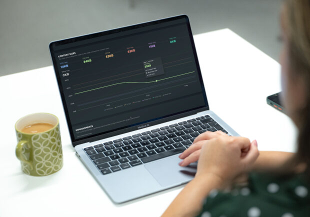 A laptop screen displays SpeedCurve metrics, featuring a graph that shows a decrease in CSS size from 42 kB to 25 kB after code changes to serve individual stylesheets