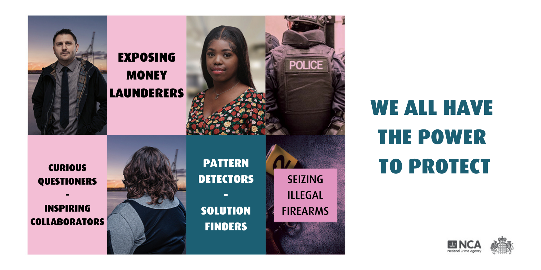 attraction campaign graphic with NCA Officers and their roles in the agency with text that reads: "we all have the power to protect"