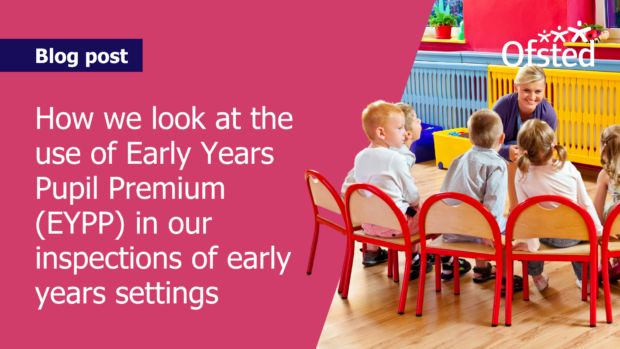 Text reads: 'Blog post - How we look at the use of Early Years Pupil Premium (EYPP) in our inspections of early years settings' Next to this, children are sat on chairs in a nursery setting.