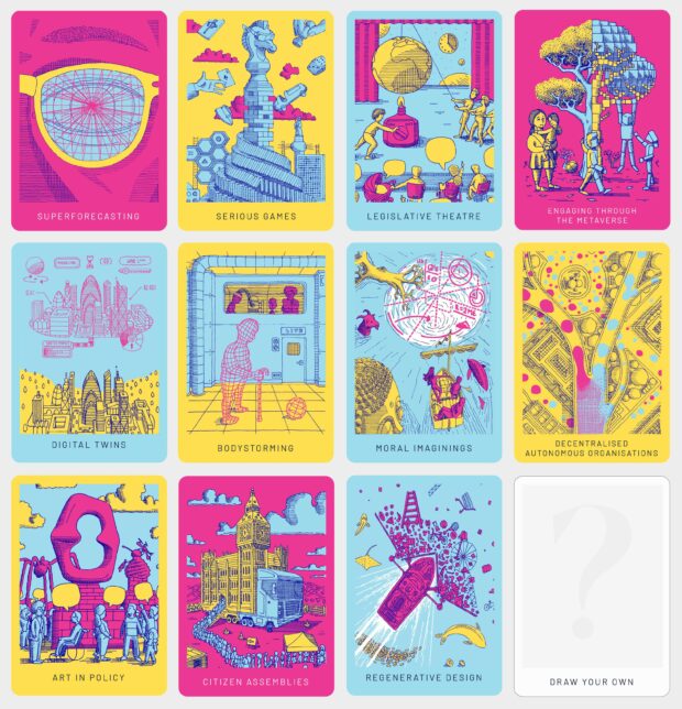 Picture showing a set of virtual cards which describe 11 experimental methods and approaches which Policy Lab think have the potential to shift how policy is developed, in radically different ways. The 11 cards are: superforcasting, serious games, legislative theatre, engaging through the metaverse, digital twins, bodystorming, moral imaginings, decentralised autonomous organisations, art in policy, citizen assemblies, regenerative design.
